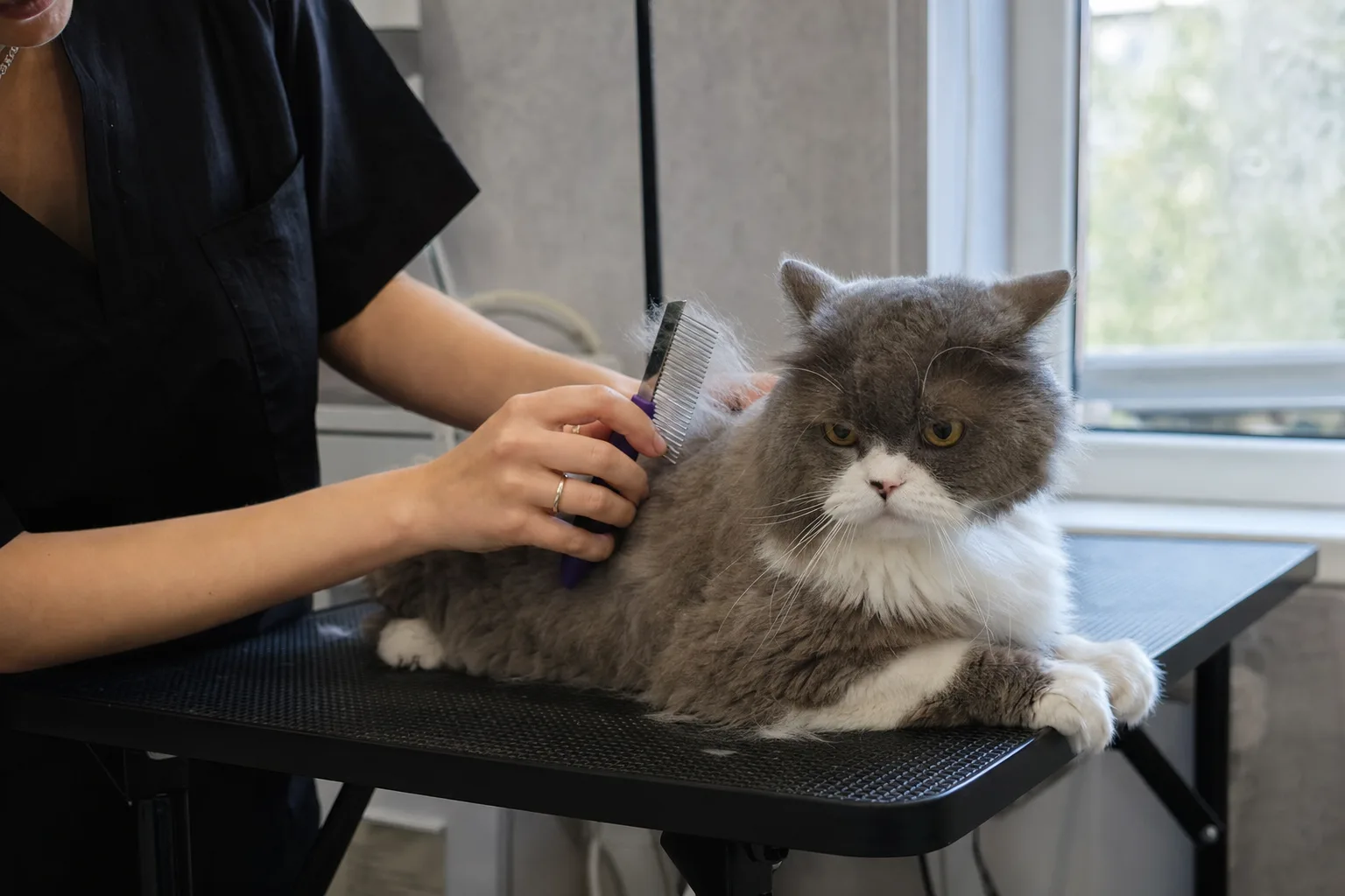 Кіт під час вичісування на грумінг-столі